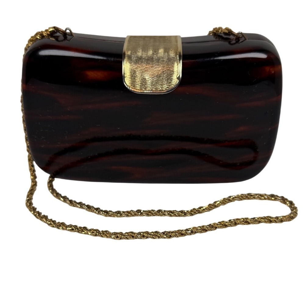 VINTAGE DELILL Tortoise Lucite Hard Case Clutch Purse Gold Chain Made in Italy